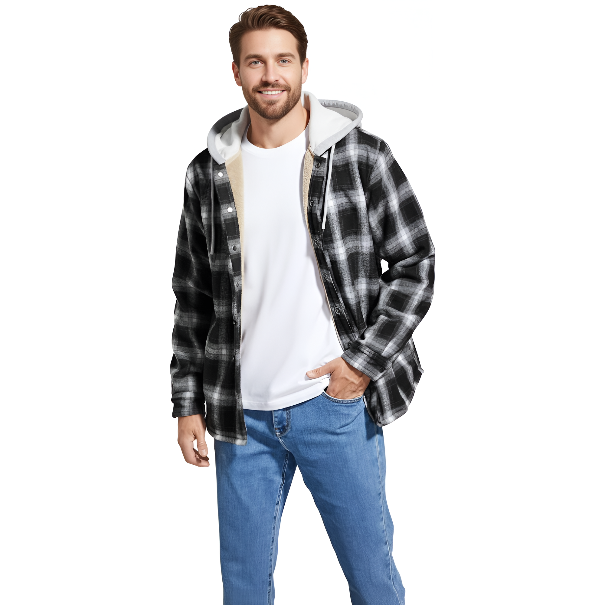 Men's Cotton Plaid Long Sleeve Shirts Jacket Fleece Lined Flannel Shirts Sherpa Button Down Coat with Hood
