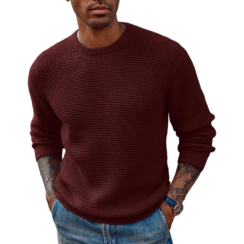 Mens Pullover Sweater Waffle Textured Long Sleeve Knitted Sweaters