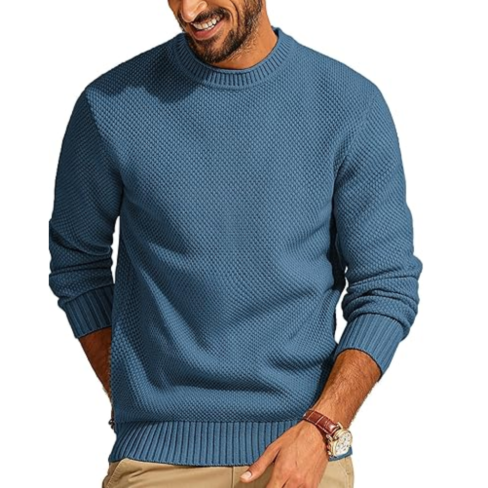 Mens Sweater Waffle Knit Crewneck Sweater Textured Long Sleeve Pullover