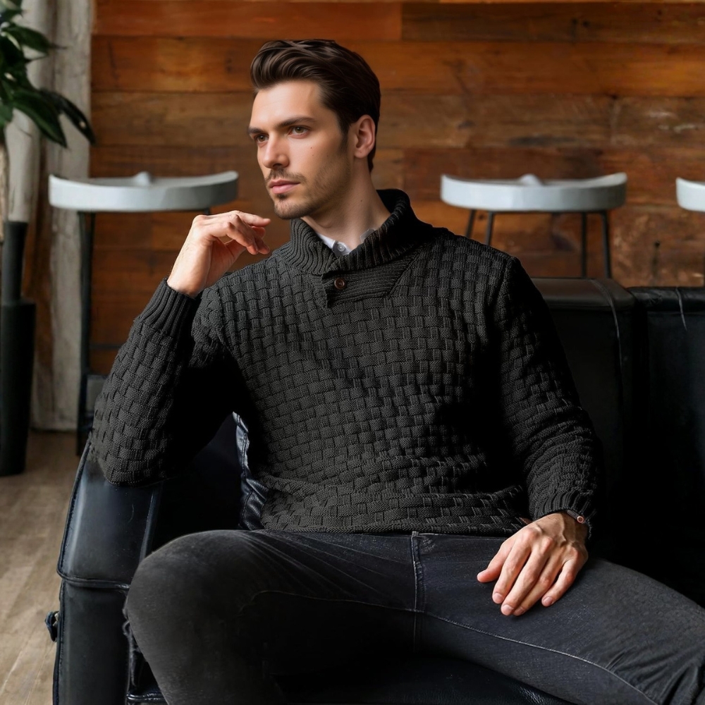 Mens Casual Pullover Fall Winter Turtleneck Cable Knit v Neck Fisherman Waffle Sweater