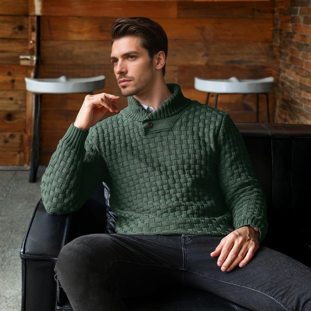 Mens Casual Pullover Fall Winter Turtleneck Cable Knit v Neck Fisherman Waffle Sweater