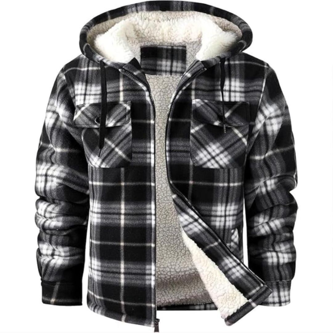 Men Plaid Flannel Jacket With Sherpa Lining And Winter Zip Up Hoodie Coat