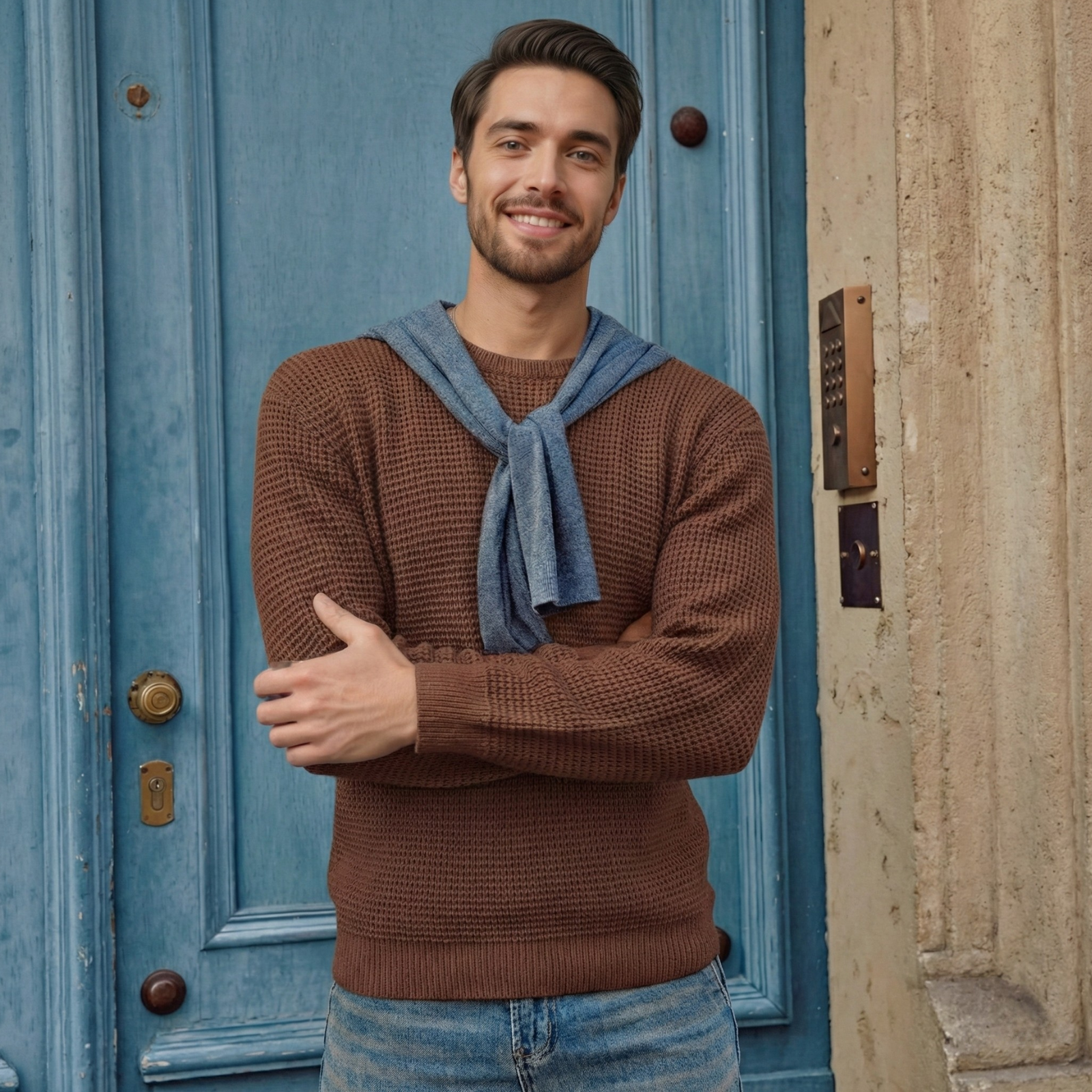 Waffle Textured Long Sleeve Knit Pullover