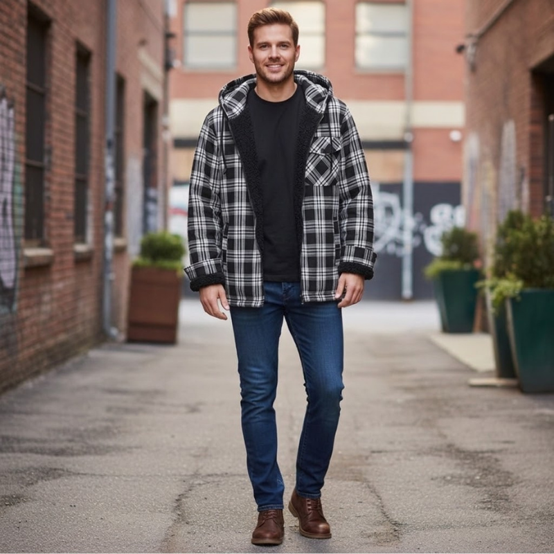 Plaid Flannel Jacket With Sherpa Lining And Fleece Interior For Men