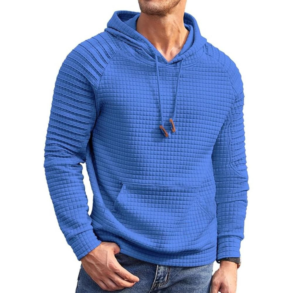 Men Long Sleeve Waffle Knit Pullover Hoodie with Kangaroo Pocket