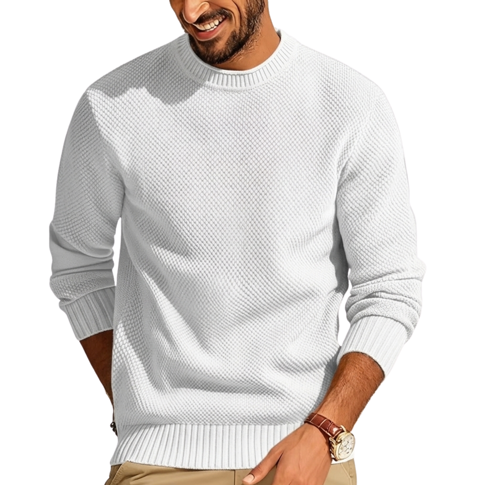Waffle Knit Crewneck Sweater With Long Sleeve And Pullover For Men