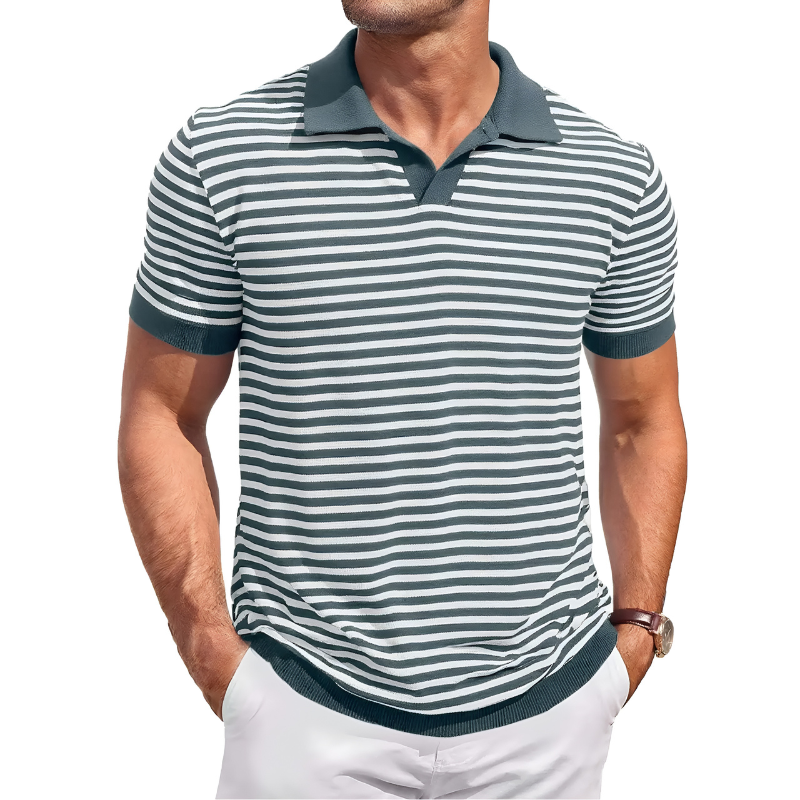 Mens Knit Polo Shirts Short Sleeve Striped V Neck Golf Shirt Classic Casual Summer Tops