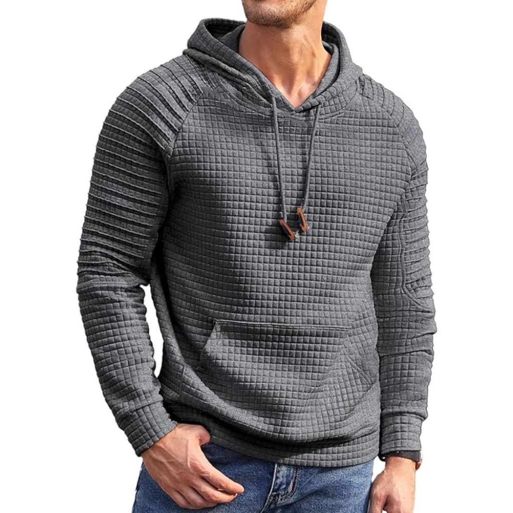 Men Long Sleeve Waffle Knit Pullover Hoodie with Kangaroo Pocket