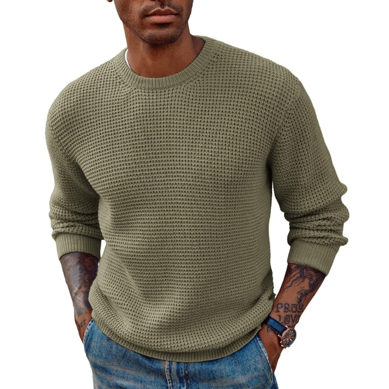 Mens Pullover Sweater Waffle Textured Long Sleeve Knitted Sweaters