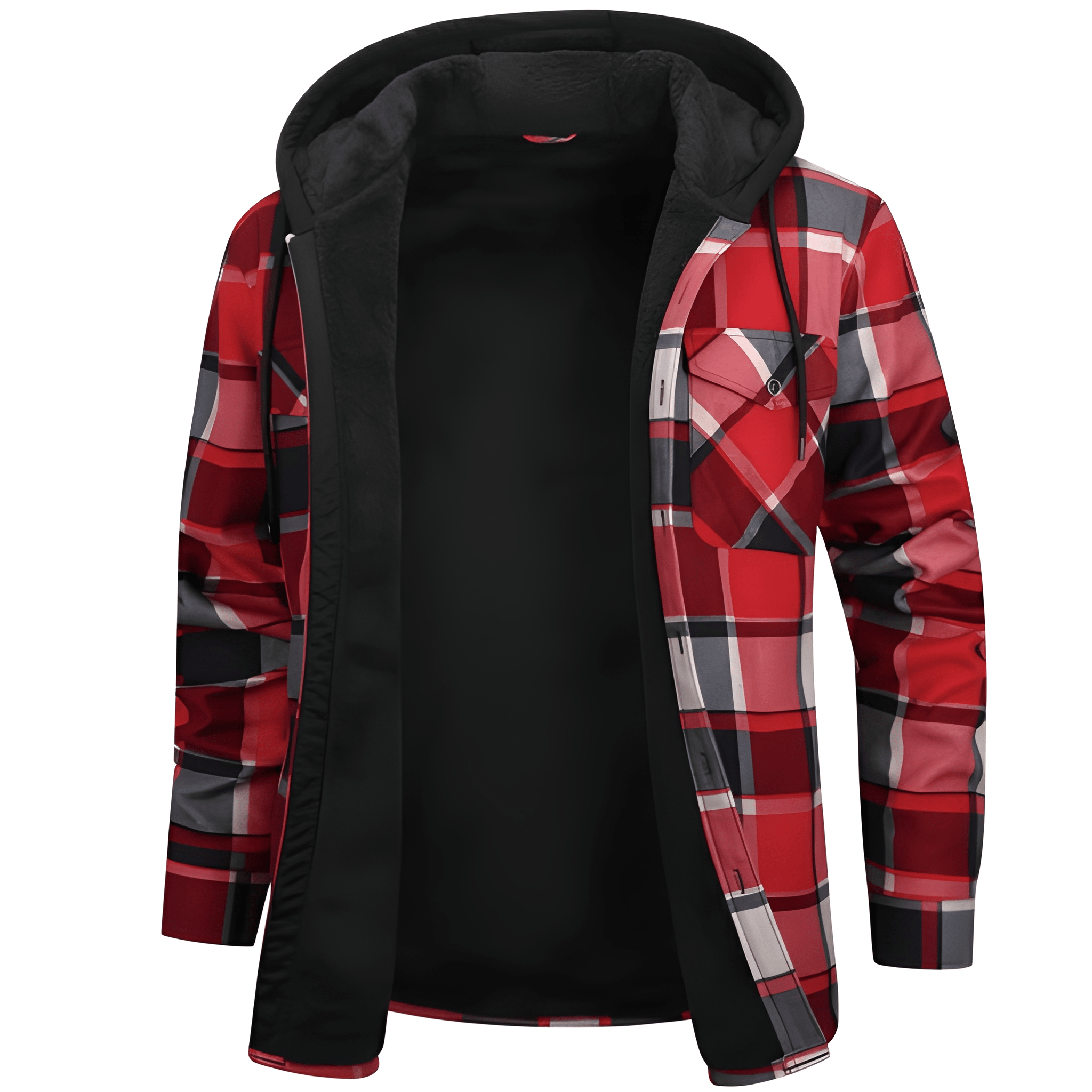 Thermal Lined Fleece Jacket With Hood And Plaid Design For Men