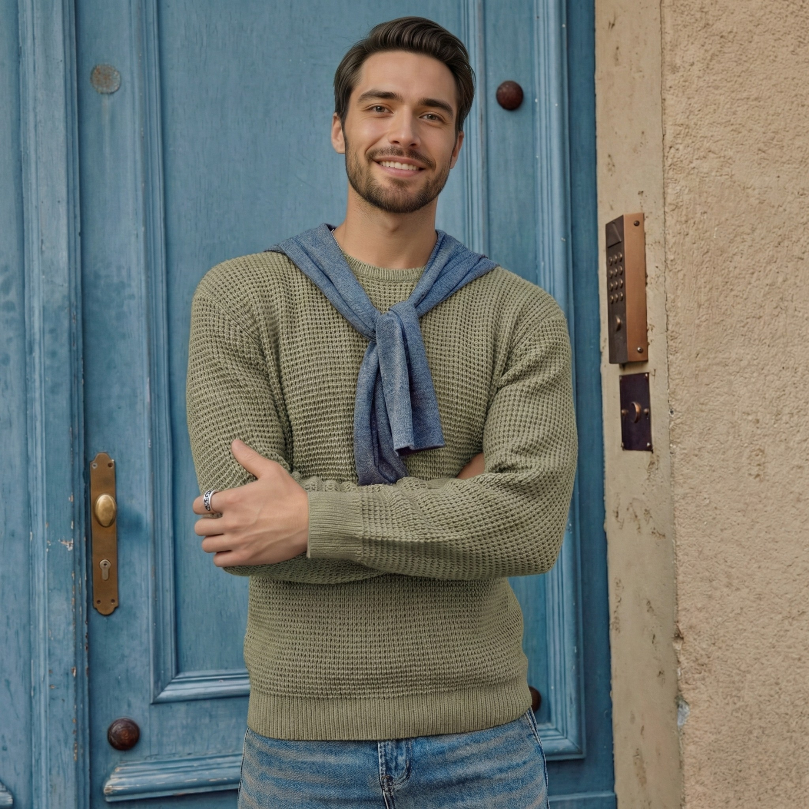 Waffle Textured Long Sleeve Knit Pullover