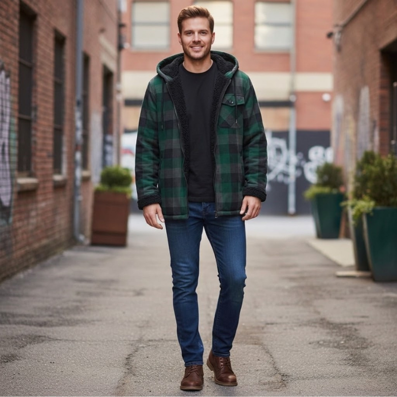 Plaid Flannel Jacket With Sherpa Lining And Fleece Interior For Men