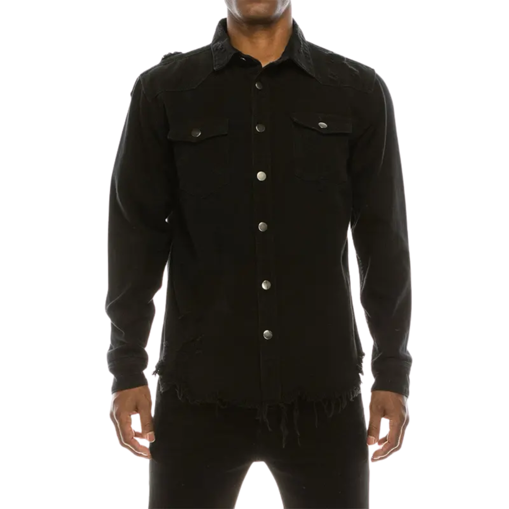 Distressed Denim Shirt – Heavyweight Button-Up with Pockets
