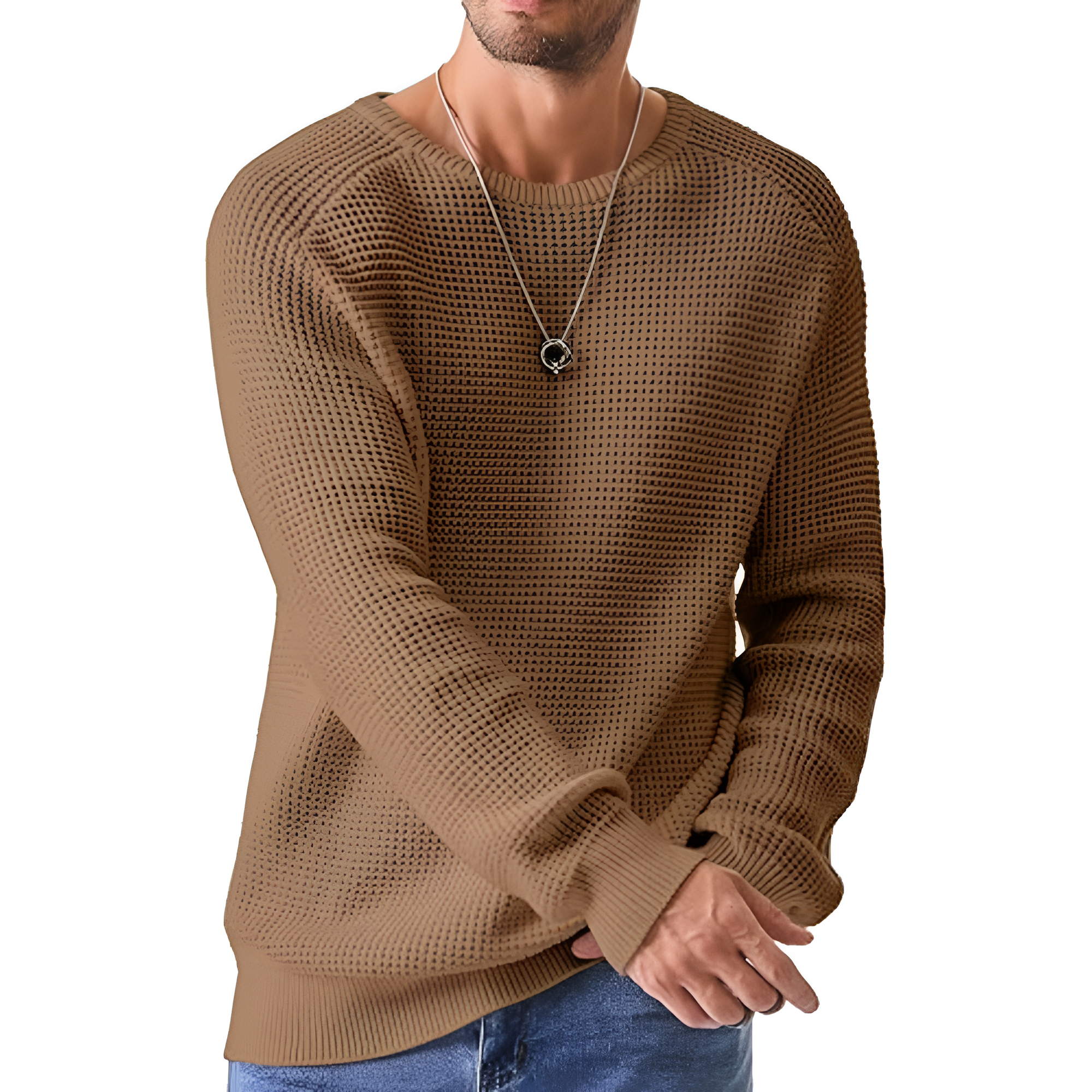 Men's Crewneck Pullover Sweater Waffle Textured Knitted Sweaters Casual Loose Fit Sweaters with Ribbing Edge