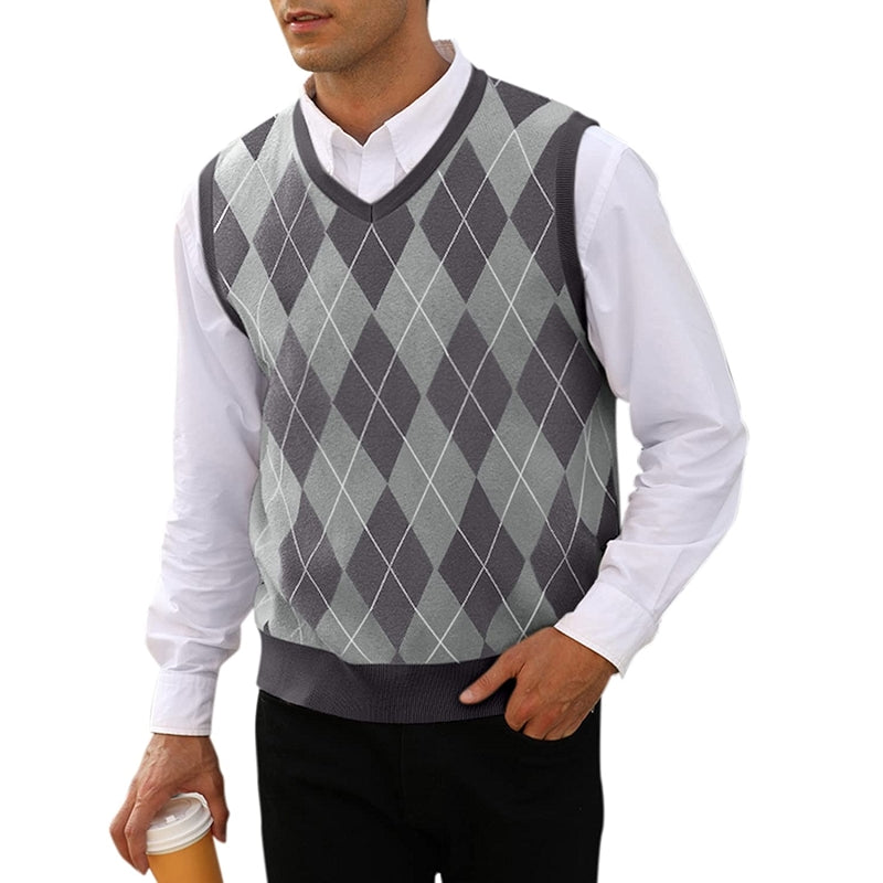 Argyle Knitwear Vest V Neck Sleeveless Casual Pullover Sweater