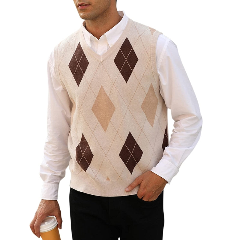 Argyle Knitwear Vest V Neck Sleeveless Casual Pullover Sweater