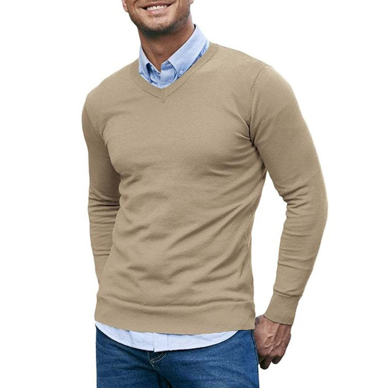 Casual V Neck Sweater Ribbed Knit Slim Fit Long Sleeve Pullover