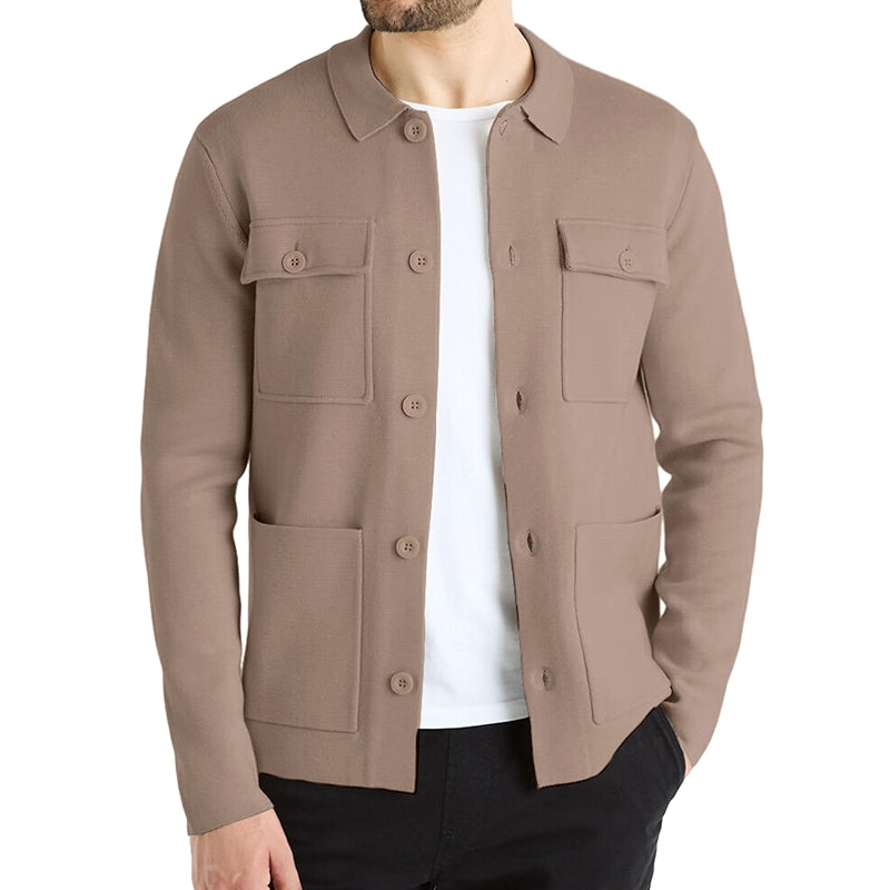 Cardigan Sweater Casual Chunky Knit Multi Pocket Lapel Collar