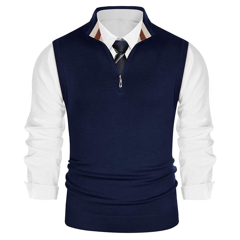 Sweater Vest Quarter Zip Stand Collar Contrast Stripes Knitwear