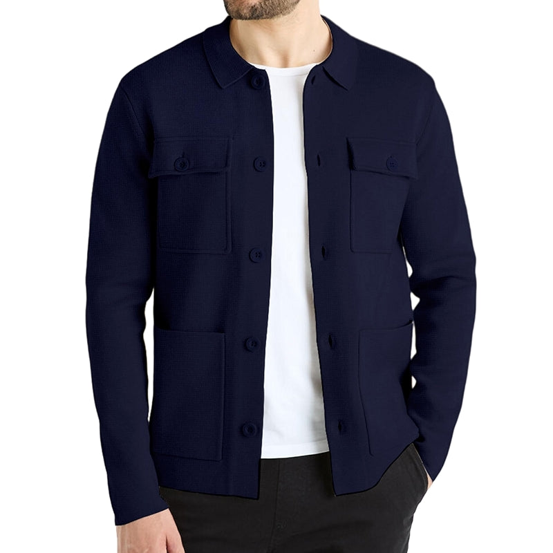 Cardigan Sweater Casual Chunky Knit Multi Pocket Lapel Collar