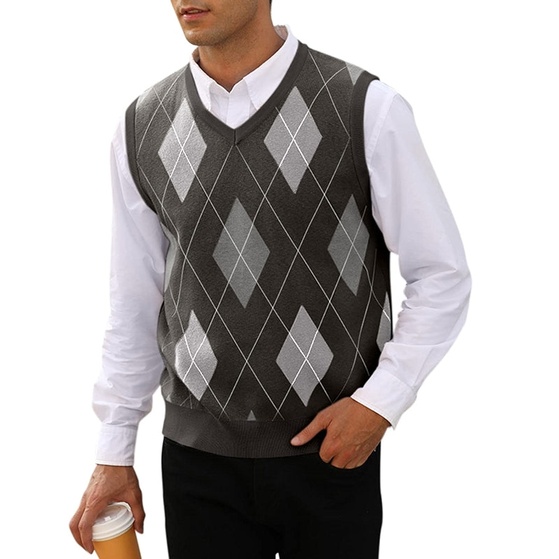 Argyle Knitwear Vest V Neck Sleeveless Casual Pullover Sweater