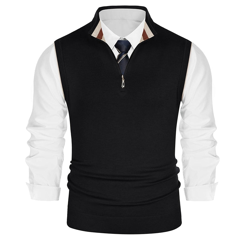 Sweater Vest Quarter Zip Stand Collar Contrast Stripes Knitwear