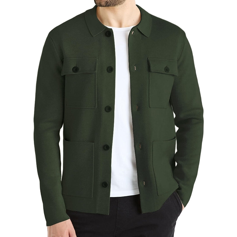 Cardigan Sweater Casual Chunky Knit Multi Pocket Lapel Collar