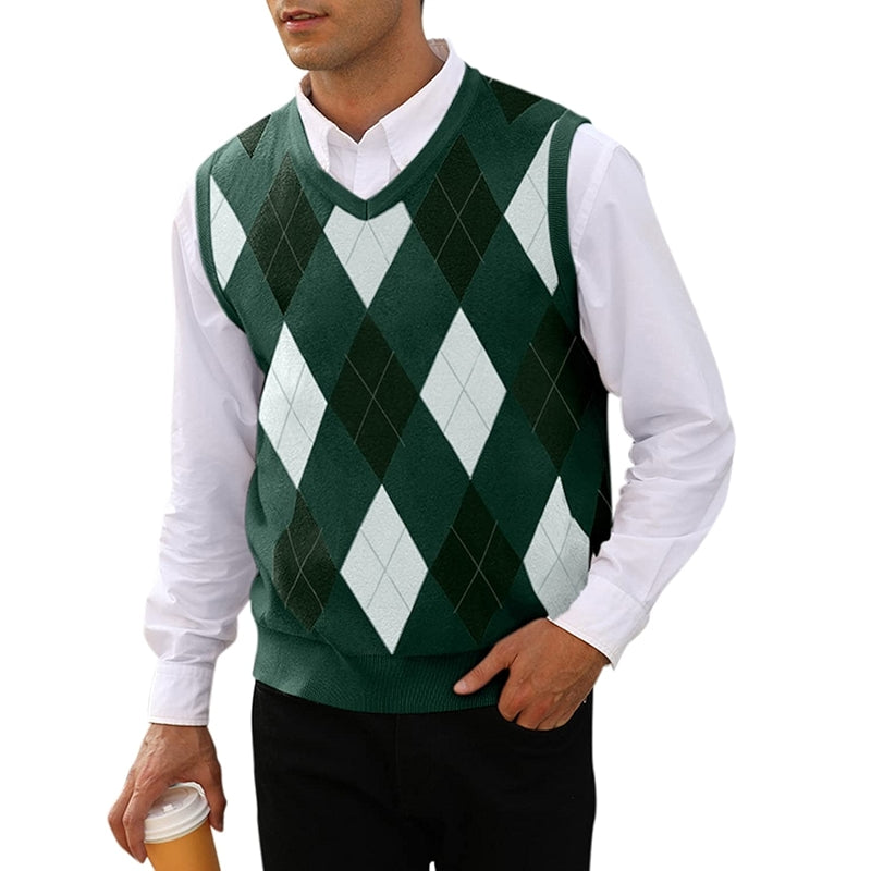 Argyle Knitwear Vest V Neck Sleeveless Casual Pullover Sweater