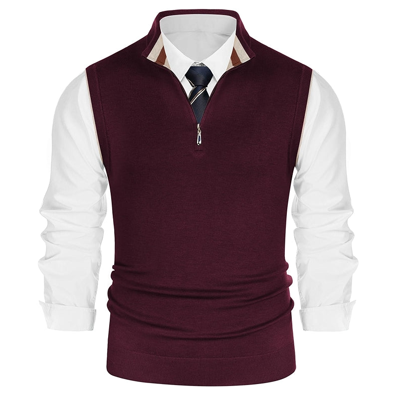 Sweater Vest Quarter Zip Stand Collar Contrast Stripes Knitwear