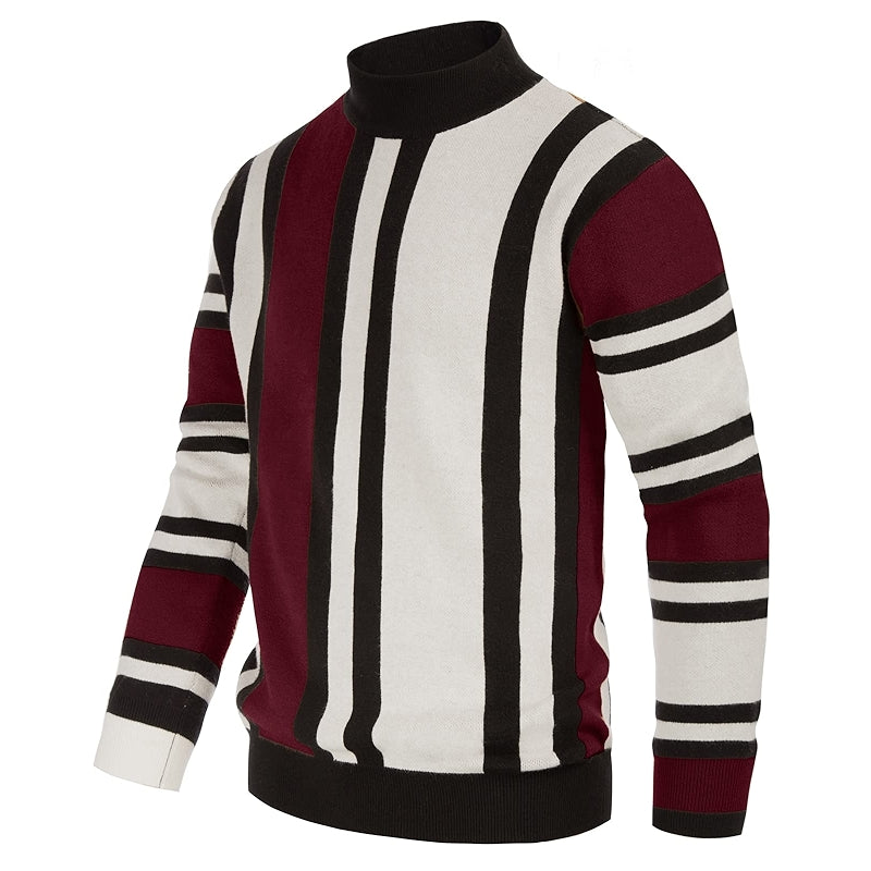 Vintage Stripes Pullover Stand Collar Mockneck Jumper Sweater