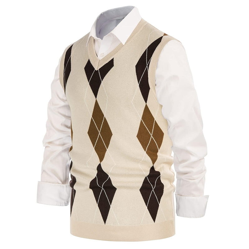 Soft Argyle Sweater Vest Slim Fit V Neck Knitted Pullover Vest