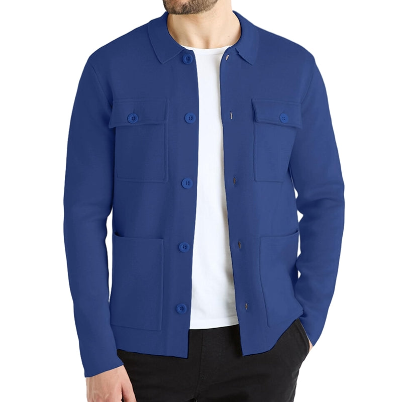 Cardigan Sweater Casual Chunky Knit Multi Pocket Lapel Collar