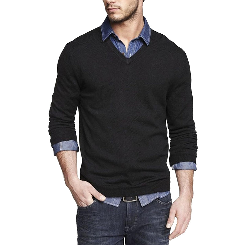 Casual V Neck Sweater Ribbed Knit Slim Fit Long Sleeve Pullover