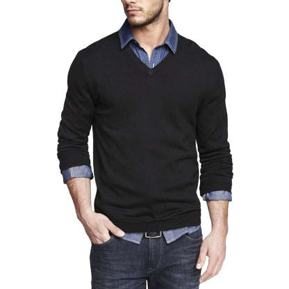 Casual V Neck Sweater Ribbed Knit Slim Fit Long Sleeve Pullover