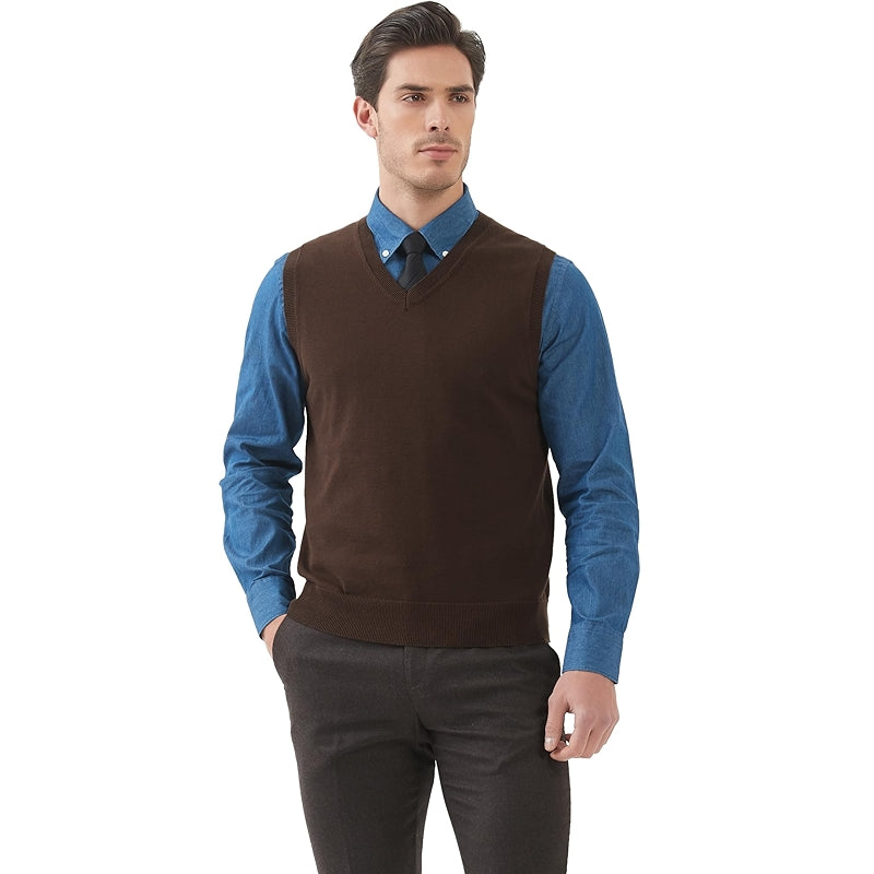 Pure Cotton Sweater Vest V Neck Regular Fit Knit Sleeveless Pullover