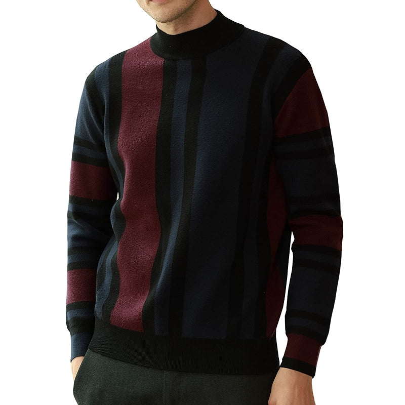 Vintage Stripes Pullover Stand Collar Mockneck Jumper Sweater