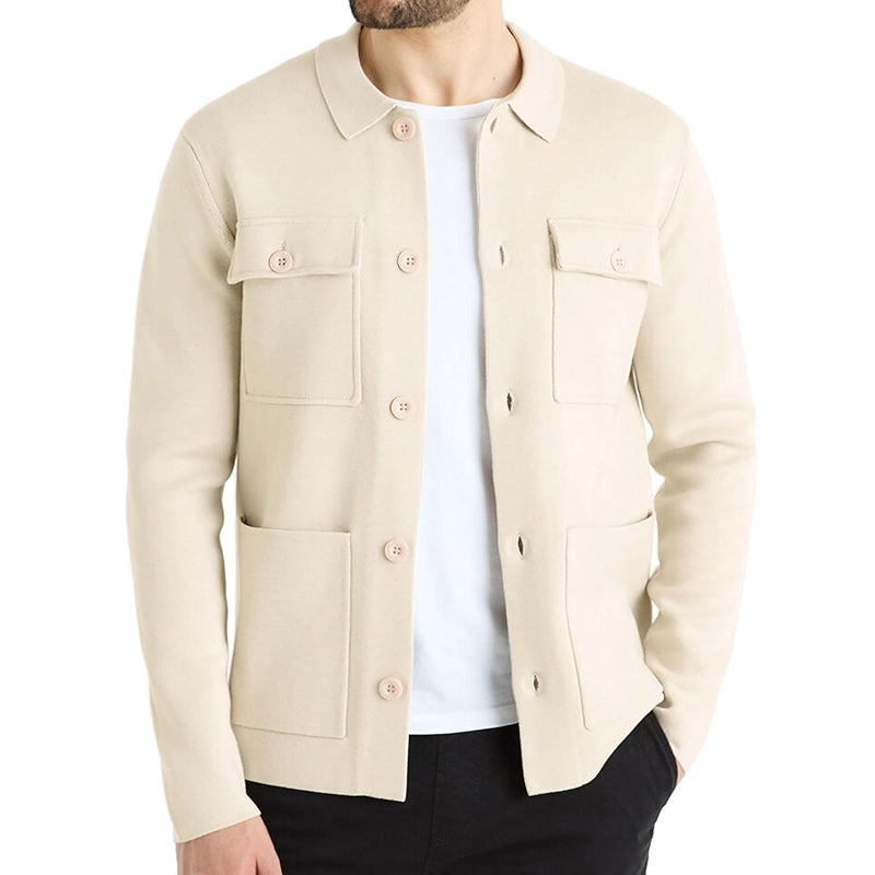 Cardigan Sweater Casual Chunky Knit Multi Pocket Lapel Collar