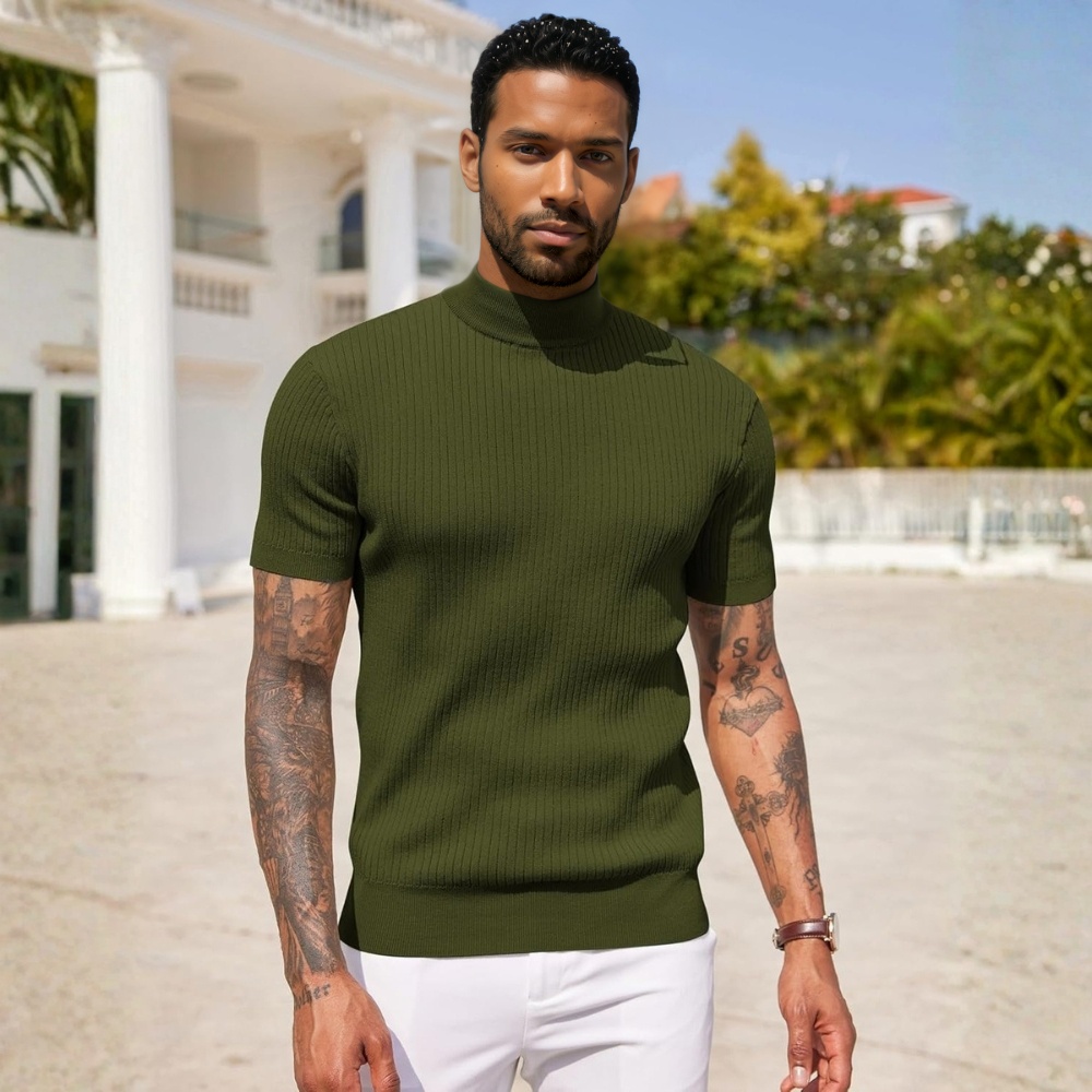 Men's Mock Turtleneck Sweater Short Sleeve Casual Basic Tops Ribbed Knit Pullover Solid Tee
