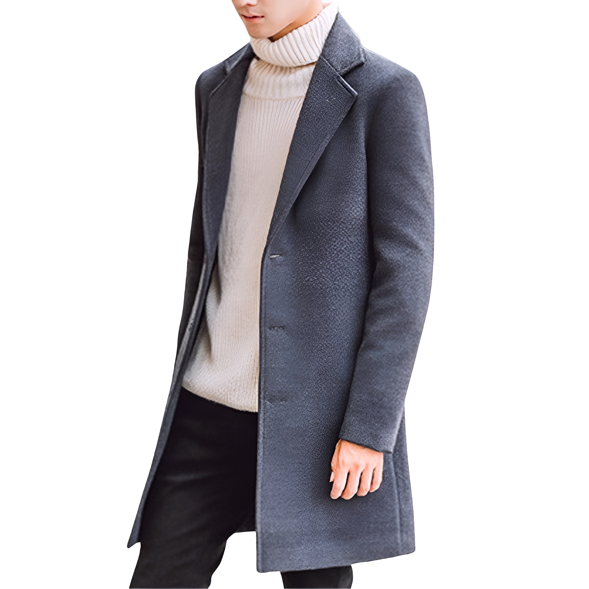 Men's Wool Blend Pea Coat Notched Collar Single Breasted Overcoat Warm Winter Trench Coat