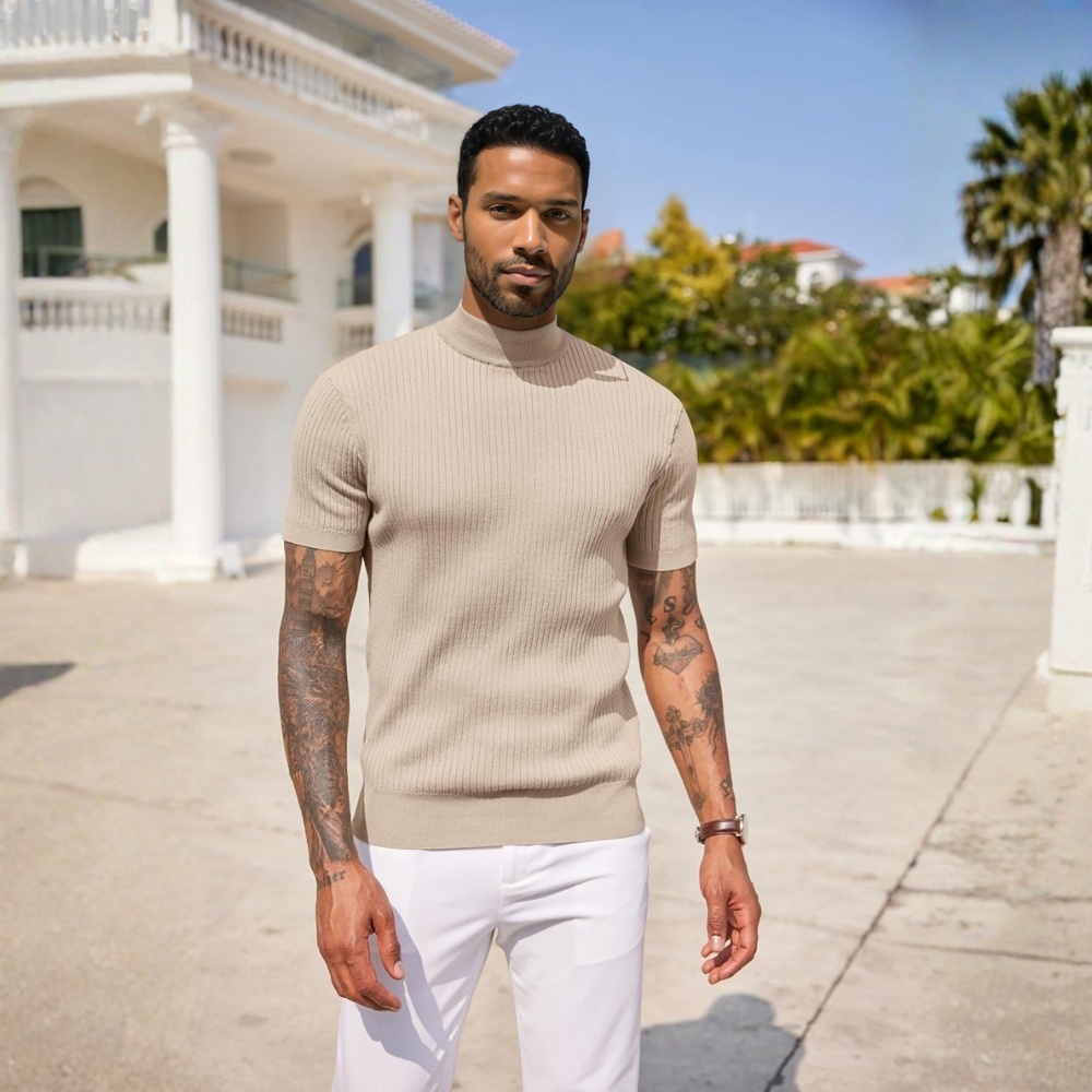 Men's Mock Turtleneck Sweater Short Sleeve Casual Basic Tops Ribbed Knit Pullover Solid Tee