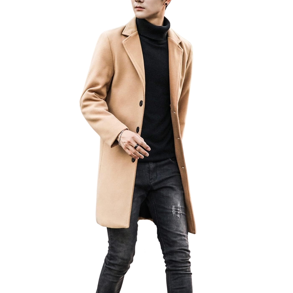 Men's Wool Blend Pea Coat Notched Collar Single Breasted Overcoat Warm Winter Trench Coat