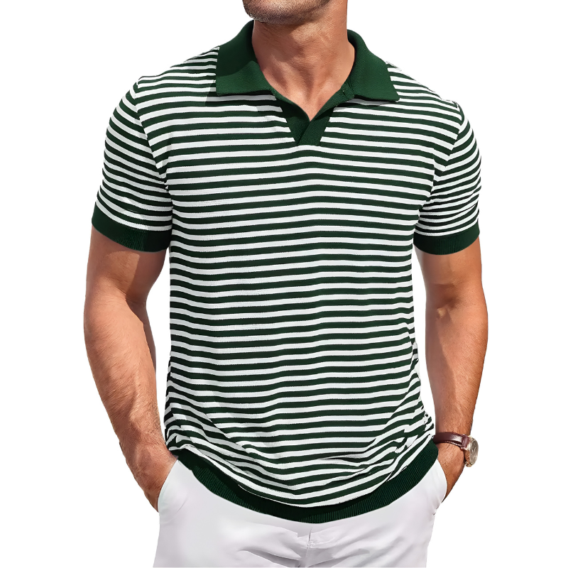 Mens Knit Polo Shirts Short Sleeve Striped V Neck Golf Shirt Classic Casual Summer Tops