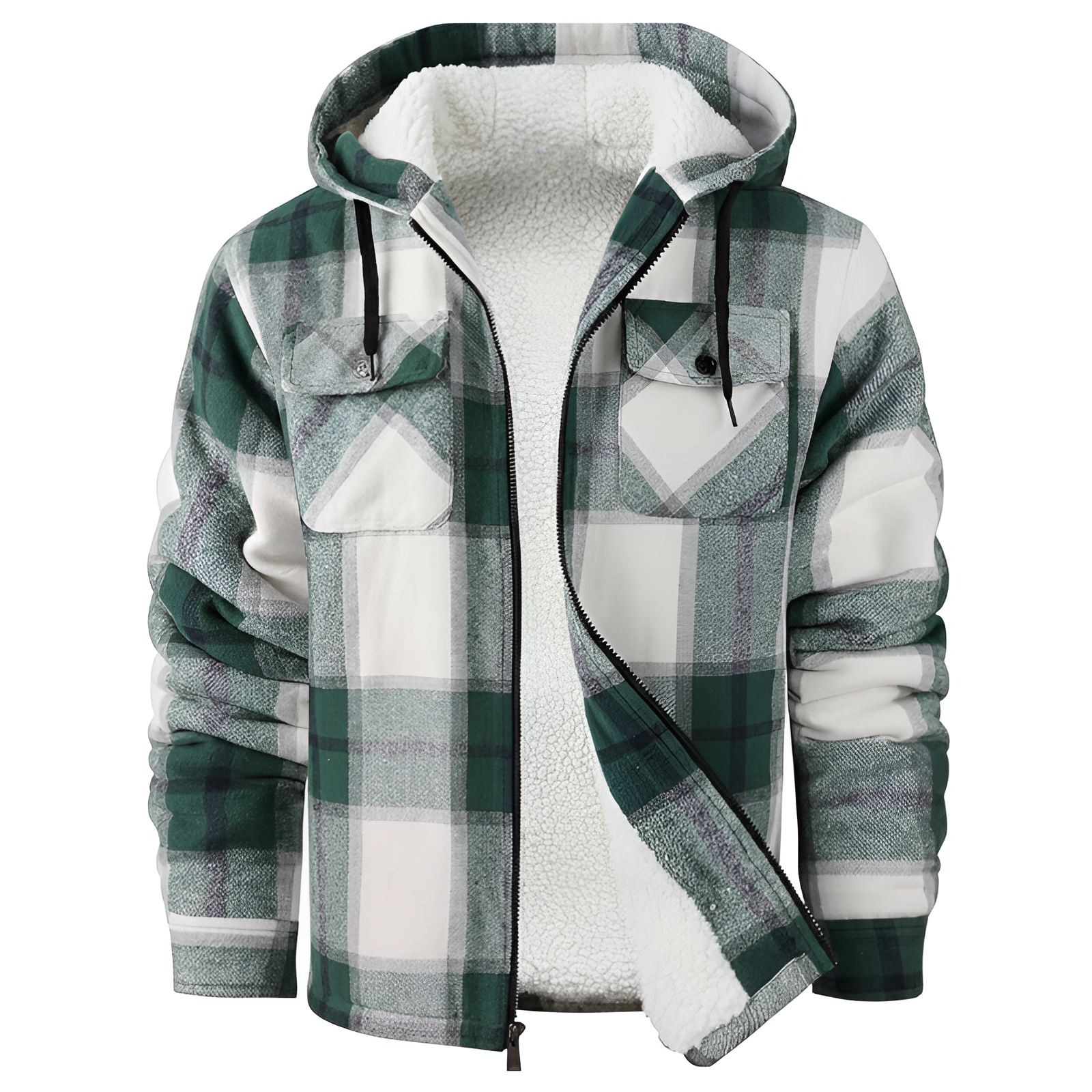 Plaid Sherpa Lined Hooded Flannel Jacket for Men