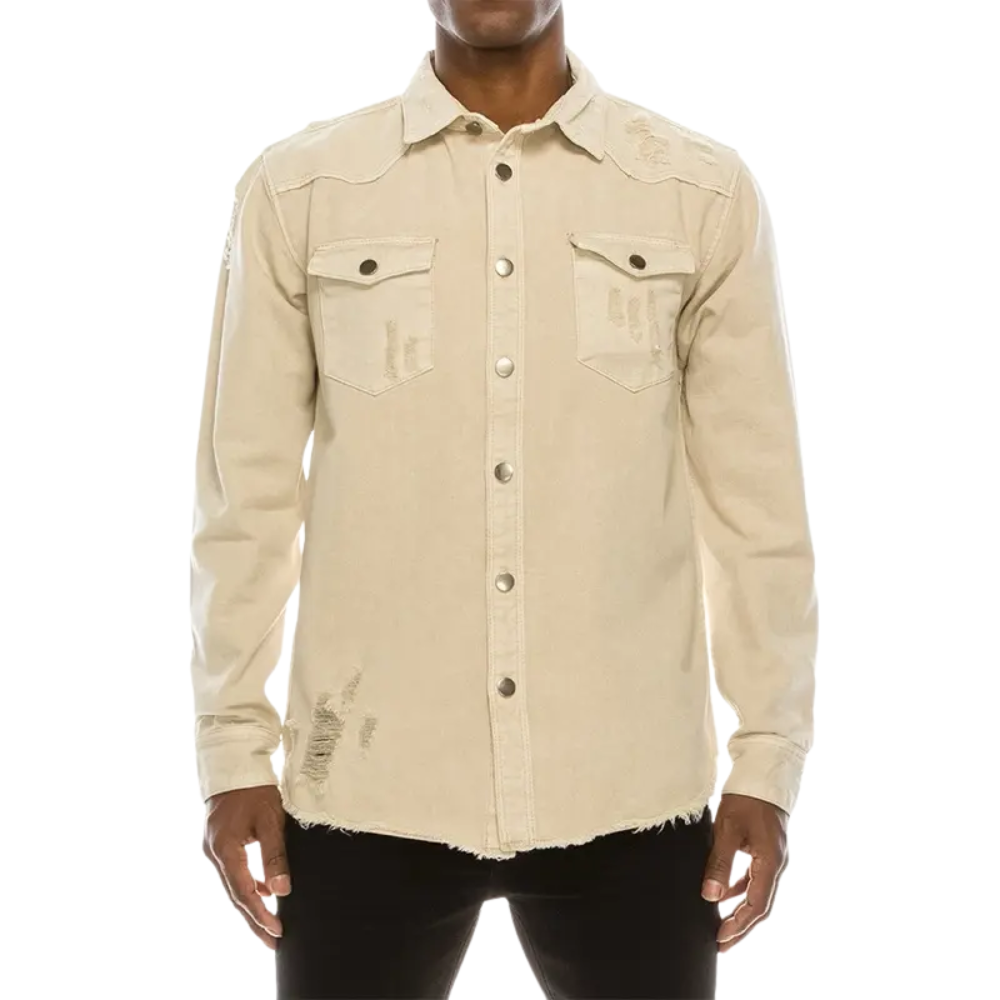 Distressed Denim Shirt – Heavyweight Button-Up with Pockets