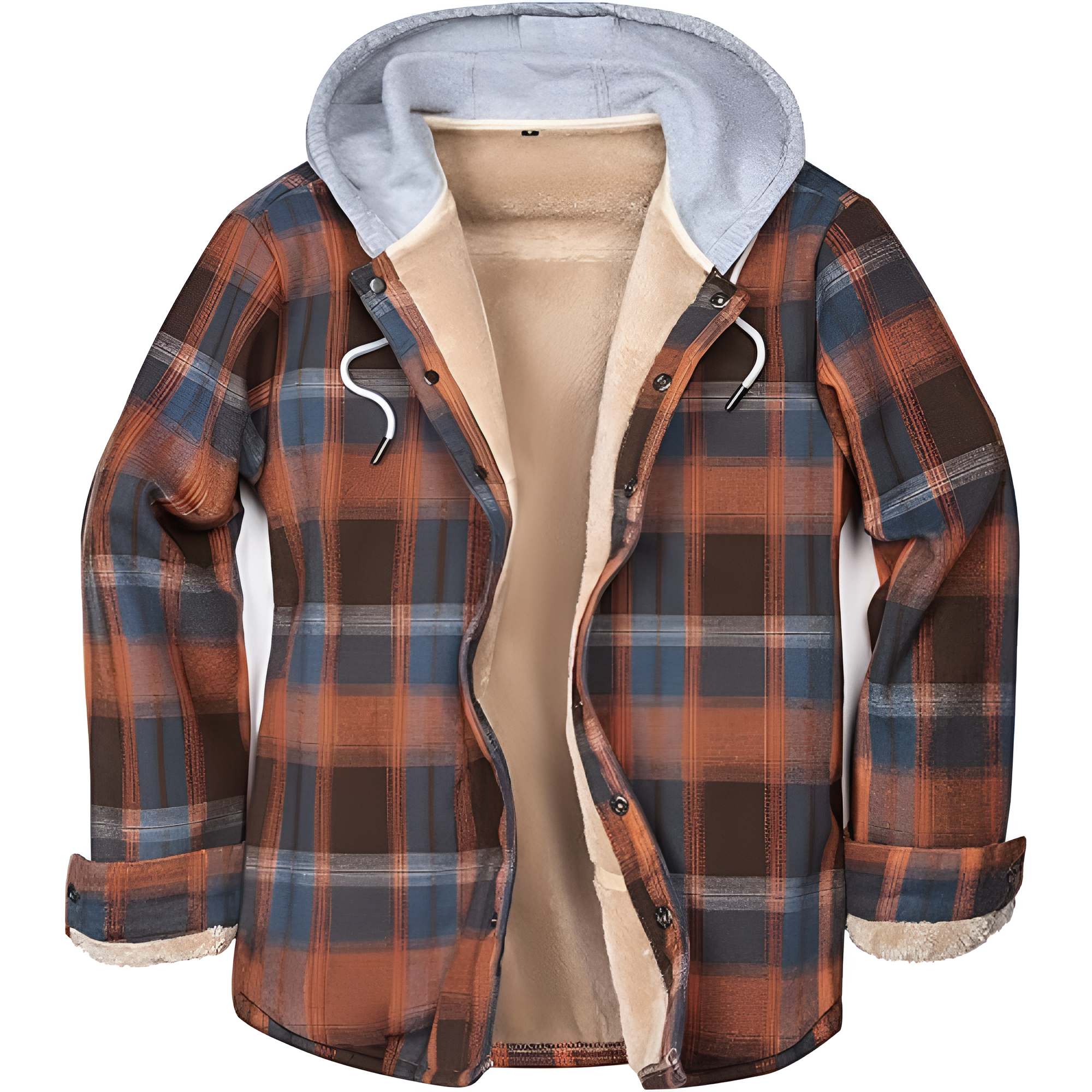 Men's Cotton Plaid Long Sleeve Shirts Jacket Fleece Lined Flannel Shirts Sherpa Button Down Coat with Hood
