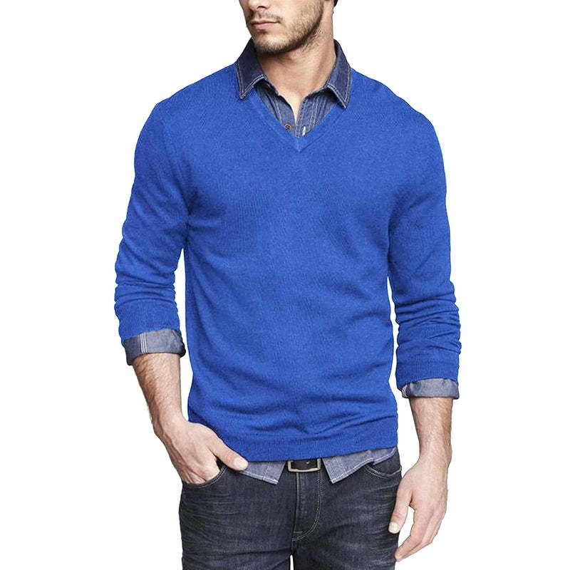 Casual V Neck Sweater Ribbed Knit Slim Fit Long Sleeve Pullover