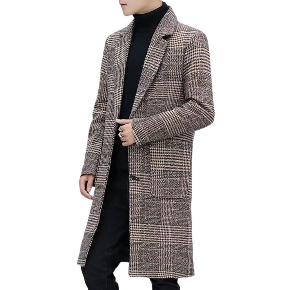 Men's Wool Blend Pea Coat Notched Collar Single Breasted Overcoat Warm Winter Trench Coat