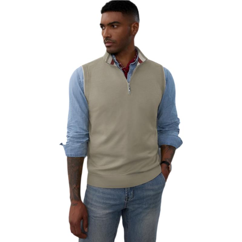 Sweater Vest Quarter Zip Stand Collar Contrast Stripes Knitwear