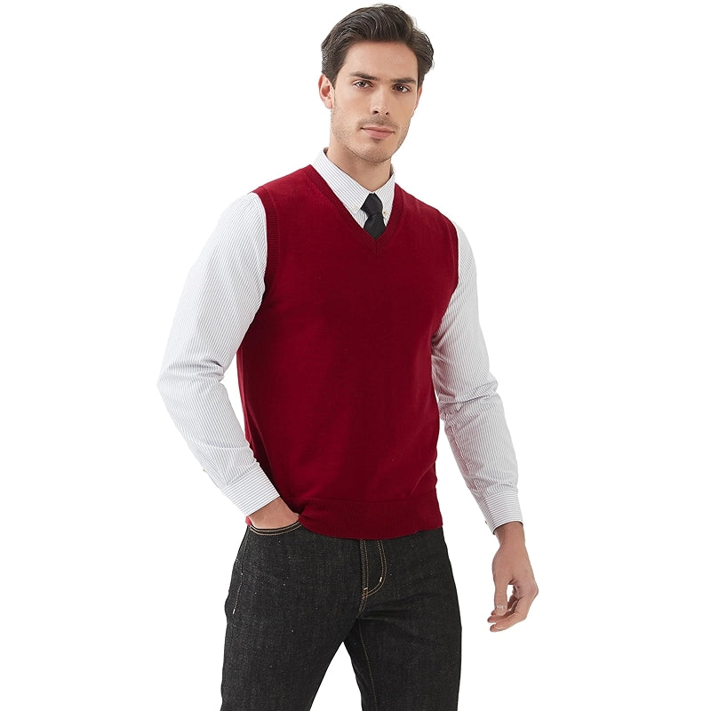 Pure Cotton Sweater Vest V Neck Regular Fit Knit Sleeveless Pullover