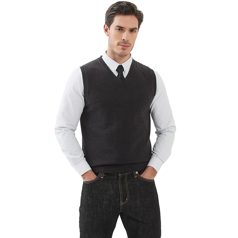 Pure Cotton Sweater Vest V Neck Regular Fit Knit Sleeveless Pullover